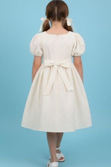 صورة فستان بيج نفاش كلاسيكي ولؤلؤ على الصدر